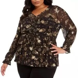 Style Co Floral Sheer Ruffled Pleated Flowy Sheer  Black Gold Foil Top Large